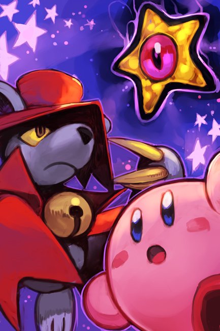 2boys bell blush_stickers cape character_request dorocche hankuri hat kirby kirby_(series) looking_up mouse multiple_boys no_humans open_mouth red_cape red_hat star top_hat