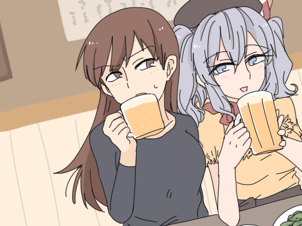 2girls alcohol alternate_costume beer beer_mug black_hat blue_eyes blush brown_eyes brown_hair drinking elbows_on_table hat kantai_collection kashima_(kantai_collection) long_hair long_sleeves multiple_girls nekura_kuroraro ooi_(kantai_collection) short_hair silver_hair sweat sweatdrop upper_body