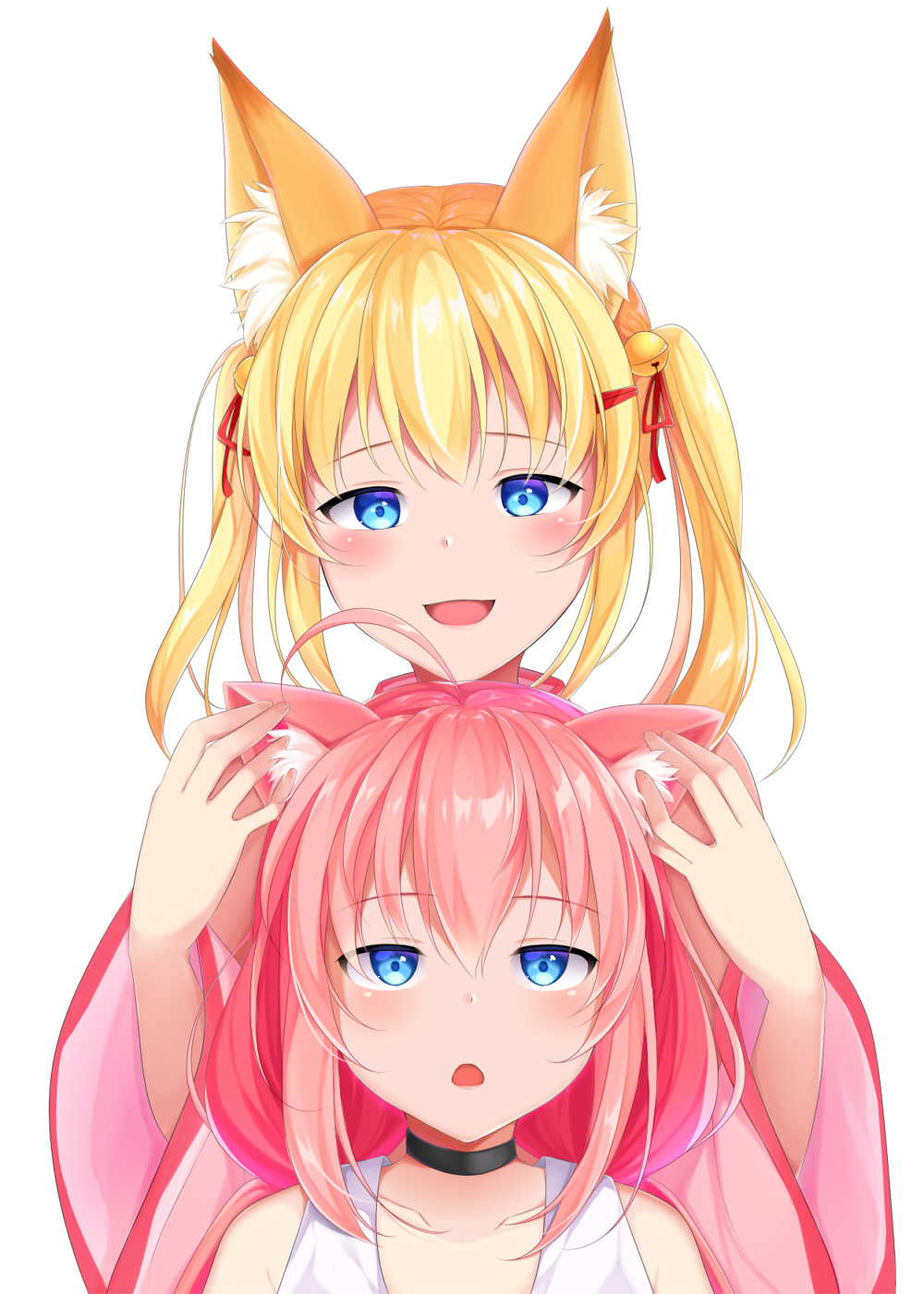 2girls ahoge animal_ears bell blonde_hair blue_eyes cat_ears choker detached_sleeves fox_ears hair_ornament hand_on_another's_ear highres hinata_channel jingle_bell kemomimi_oukoku_kokuei_housou long_hair low_twintails mikoko_(kemomimi_oukoku_kokuei_housou) multiple_girls nekomiya_hinata open_mouth pink_hair ribbon smile touching_ears twintails upper_body vest virtual_youtuber white_vest
