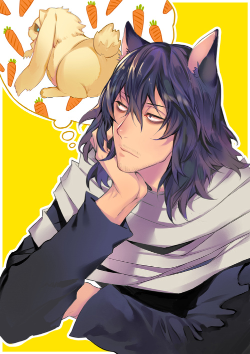 1boy aizawa_shouta animal_ears animalization bags_under_eyes black_hair black_sclera boku_no_hero_academia carrot cat_ears chin_rest facial_hair kemonomimi_mode long_hair male_focus mescaline messy_hair rabbit solo stubble thought_bubble yagi_toshinori yellow_background