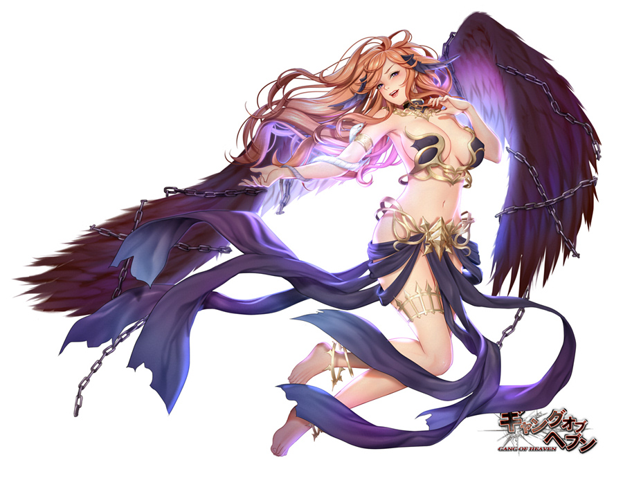 1girl angel angel_wings armpits bangs bare_shoulders barefoot black_wings blush breasts chains commentary_request detached_sleeves dress feathered_wings full_body gang_of_heaven large_breasts logo long_hair looking_at_viewer masami_chie official_art orange_hair parted_lips sidelocks simple_background solo thigh_strap violet_eyes white_background wings