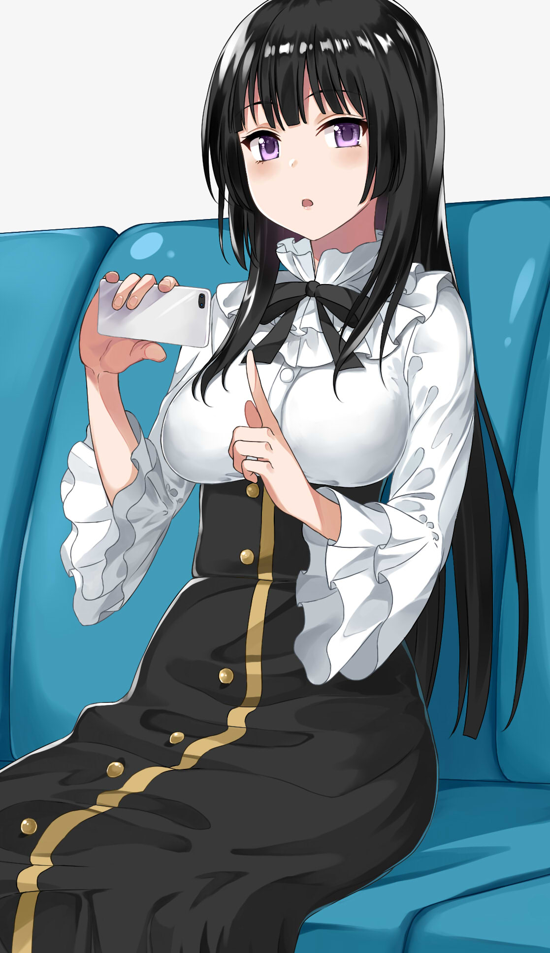 1girl :o asato_(fadeless) bang_dream! bangs black_hair black_ribbon black_skirt breasts cellphone commentary_request eyebrows_visible_through_hair frilled_shirt_collar frilled_sleeves frills high-waist_skirt highres holding holding_phone index_finger_raised long_hair long_skirt long_sleeves looking_at_viewer medium_breasts neck_ribbon open_mouth phone ribbon shirokane_rinko shirt sitting skirt smartphone solo underbust violet_eyes white_shirt