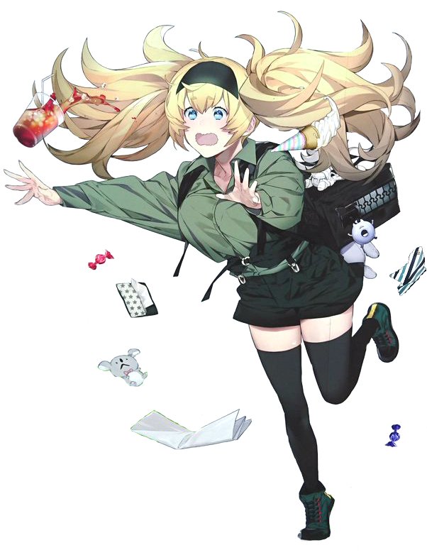 1girl backpack bag black_legwear black_shorts blonde_hair blue_eyes breasts candy collared_shirt drink enemy_lifebuoy_(kantai_collection) food full_body gambier_bay_(kantai_collection) green_footwear green_shirt hair_between_eyes hairband ice_cream kantai_collection large_breasts map open_mouth pocket shirt shorts stuffed_animal stuffed_toy tissue tripping twintails white_background yotayota1224