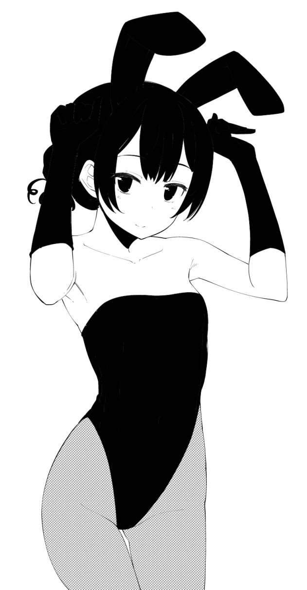 1girl akino_sora animal_ears bangs breasts bunnysuit closed_mouth copyright_request cowboy_shot gloves gluteal_fold greyscale hands_up highres leotard looking_at_viewer monochrome pantyhose rabbit_ears short_hair simple_background small_breasts smile solo thigh_gap white_background