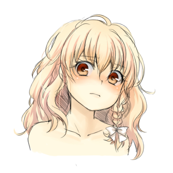 1girl bare_shoulders blonde_hair blush bow braid collarbone commentary_request eyebrows_visible_through_hair funnyfunny hair_between_eyes hair_bow kirisame_marisa long_hair looking_at_viewer no_hat no_headwear portrait simple_background single_braid solo touhou wavy_hair white_background white_bow yellow_eyes