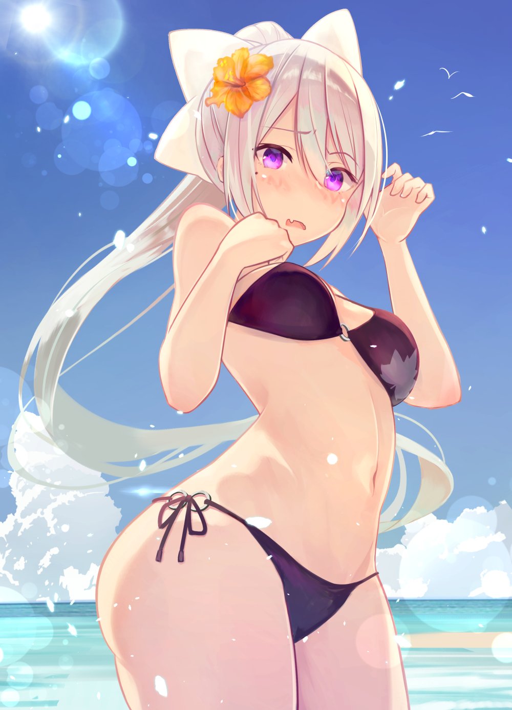 1girl beach bikini black_bikini blue_sky blush bow brat breasts cowboy_shot day eyebrows_visible_through_hair fang flower hair_between_eyes hair_bow hair_flower hair_ornament highres higuchi_kaede horizon lens_flare long_hair medium_breasts mole mole_under_eye navel nijisanji o-ring_bikini o-ring_bottom o-ring_top outdoors side-tie_bikini silver_hair sky solo swimsuit very_long_hair violet_eyes