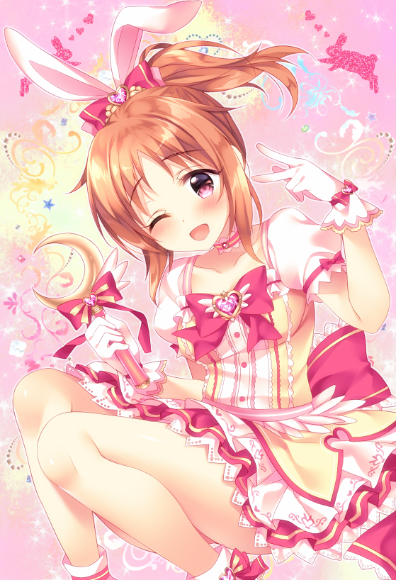 1girl ;d abe_nana animal_ears blush bow breasts brown_hair choker collarbone eyebrows_visible_through_hair gloves hair_between_eyes hair_bow holding idolmaster idolmaster_cinderella_girls idolmaster_cinderella_girls_starlight_stage long_hair looking_at_viewer magical_girl miniskirt one_eye_closed open_mouth pleated_skirt ponytail rabbit_ears red_bow red_eyes skirt small_breasts smile solo sorai_shin'ya white_gloves white_skirt