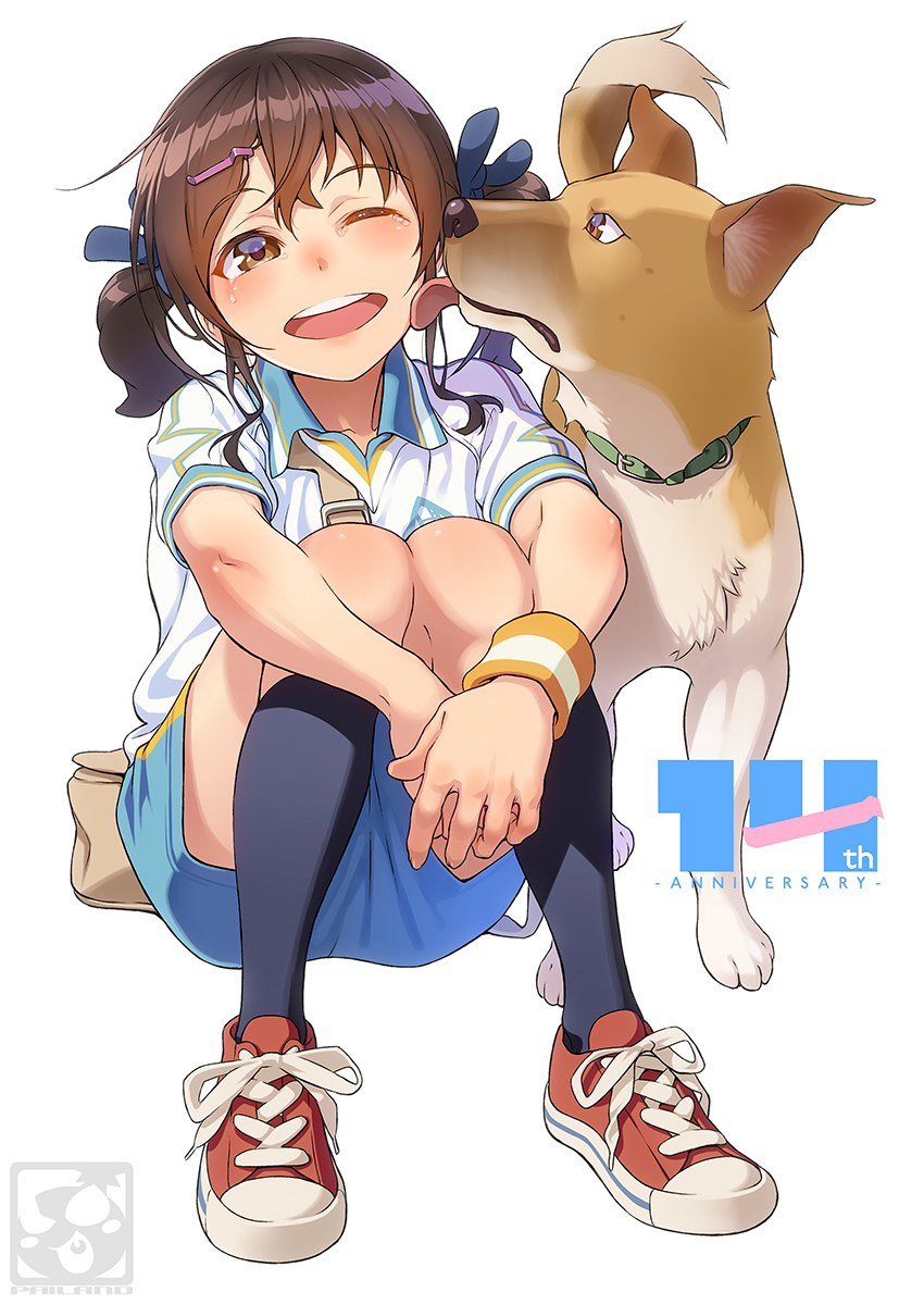 1girl aoi_sora_(pairan) brown_eyes brown_hair dog gym_uniform hair_ornament hairclip highres open_mouth pairan red_footwear shorts teeth text_focus twintails wristband