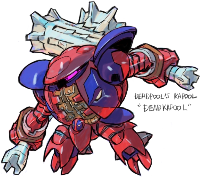 aburaya_tonbi character_name chibi deadpool dual_wielding full_body fusion gundam kapool marvel maze mechanization one-eyed pink_eyes simple_background standing turn_a_gundam white_background