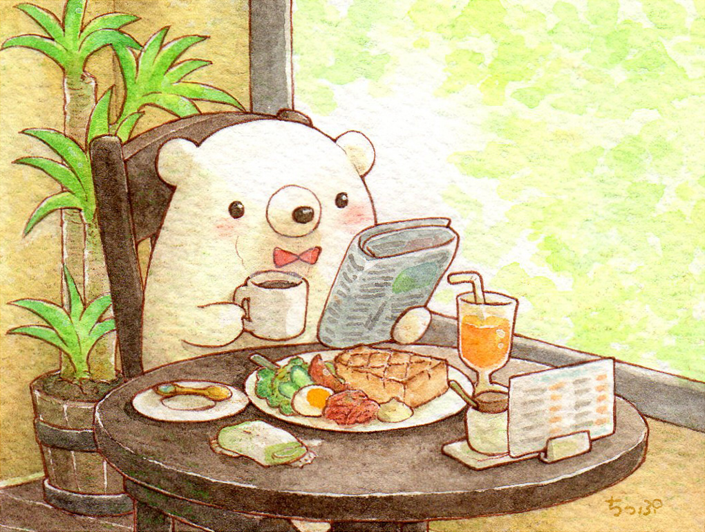 animal artist_name bear blush bow bowtie chair coffee_mug colored_pencil_(medium) cup drinking_glass drinking_straw egg food_request holding_mug holding_newspaper indoors looking_away mug newspaper no_humans original plant plate potted_plant reading red_bow red_neckwear sitting spoon st.kuma table traditional_media watercolor_(medium)