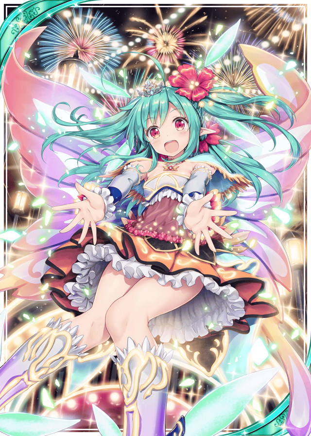 1girl :d akkijin blue_cape blue_hair boots cape card_(medium) carnival crown dress fairy fairy_wings fireworks flower frilled_skirt frills hair_flower hair_ornament official_art open_mouth pixie_servant_(shinkai_no_valkyrie) pointy_ears red_dress red_eyes red_flower shinkai_no_valkyrie skirt smile solo wings