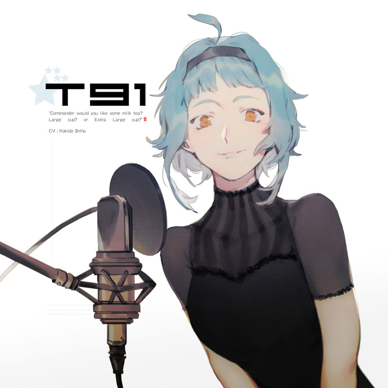 1girl ahoge blue_eyes breasts brown_eyes english girls_frontline gradient gradient_background hairband looking_at_viewer microphone microphone_stand muito parted_lips pink_background short_hair smile solo star t91_(girls_frontline) upper_body v_arms white_background