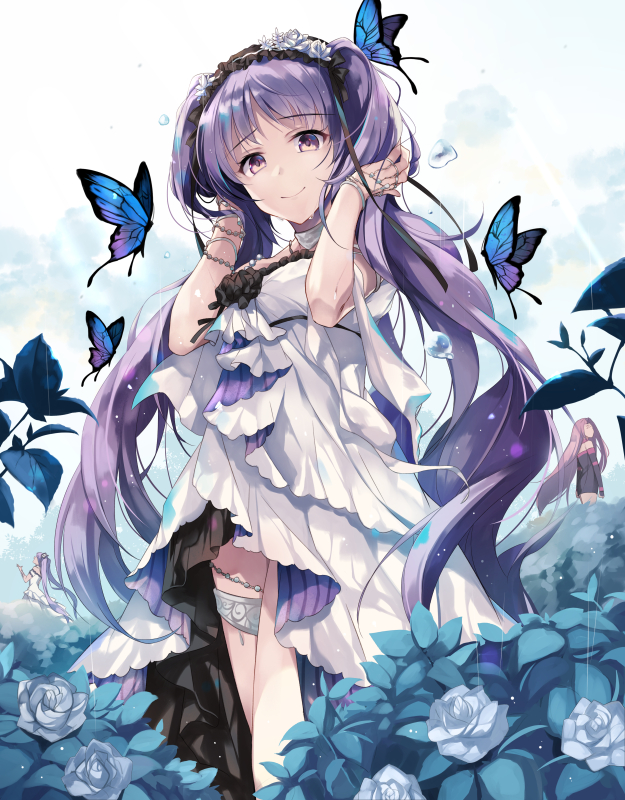 3girls armlet bangs bug butterfly closed_mouth dress euryale eyebrows_visible_through_hair fate/grand_order fate/hollow_ataraxia fate_(series) flower hairband headdress hirai_yuzuki insect lolita_hairband long_hair multiple_girls purple_hair rain rider rose smile solo_focus stheno strapless strapless_dress twintails violet_eyes water white_dress white_flower white_rose