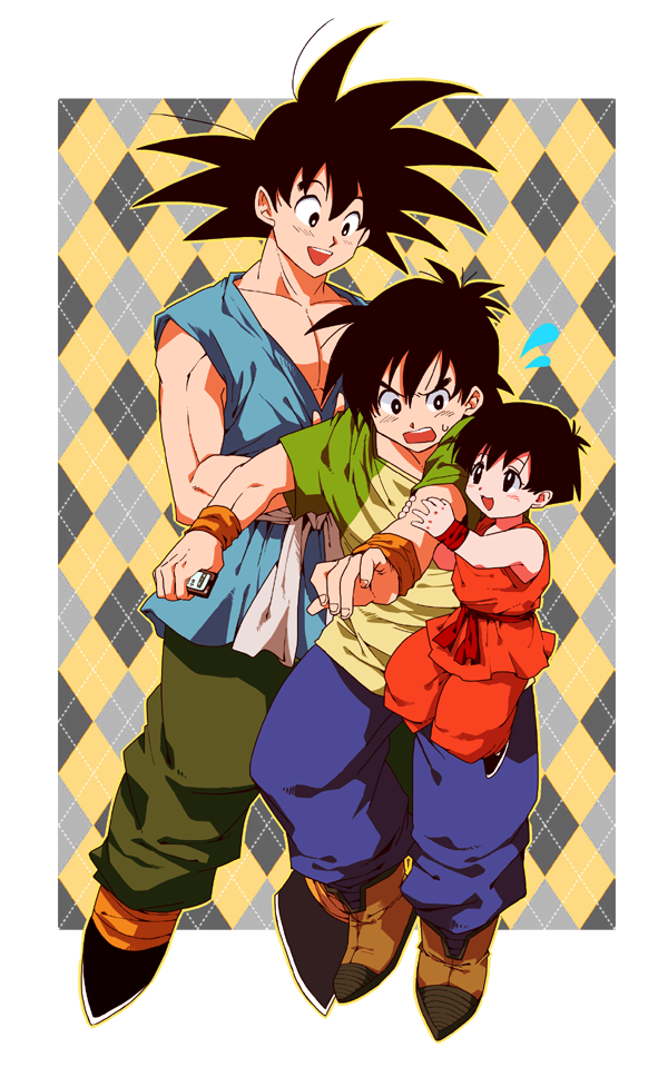 1girl 2boys :d annoyed belt black_eyes black_hair boots cellphone dougi dragon_ball dragonball_z father_and_son floating frown full_body green_shirt happy looking_at_another multicolored multicolored_background multiple_boys open_mouth pan_(dragon_ball) phone shirt short_hair sleeveless smile son_gokuu son_goten spiky_hair sweatdrop uncle_and_niece white_background wristband