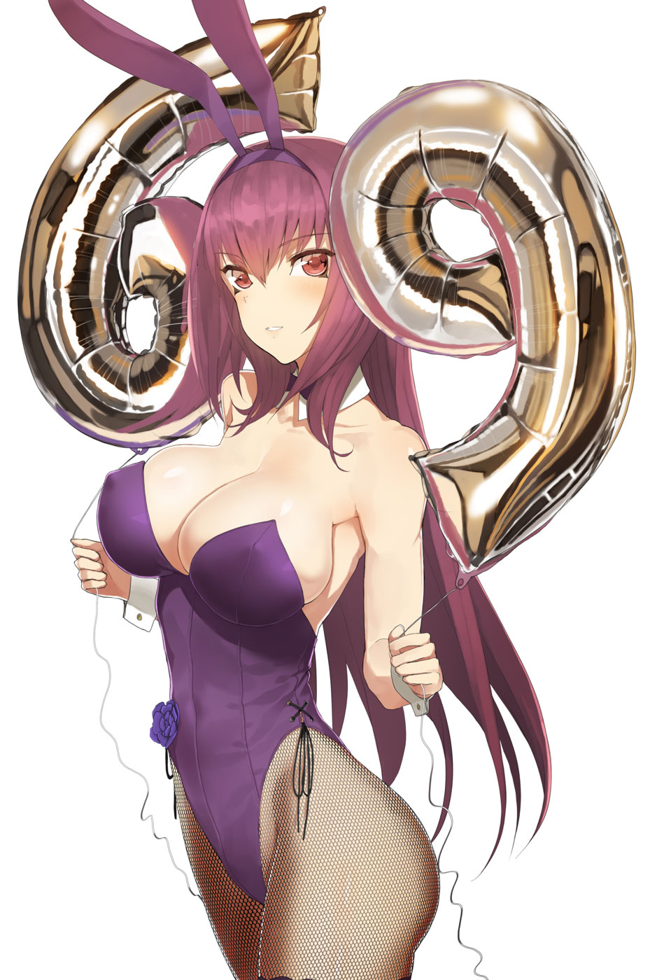 1girl animal_ears balloon bare_shoulders black_legwear blurry blurry_background bow bowtie breasts bunny_girl bunnysuit cleavage covered_navel detached_collar fake_animal_ears fate/grand_order fate_(series) fishnets flower highres large_breasts leotard long_hair looking_at_viewer playboy_bunny_leotard purple_flower purple_hair purple_leotard purple_rose rabbit_ears red_eyes rose scathach_(fate/grand_order) side-tie_leotard smile solo strapless strapless_leotard throtem very_long_hair white_background wrist_cuffs