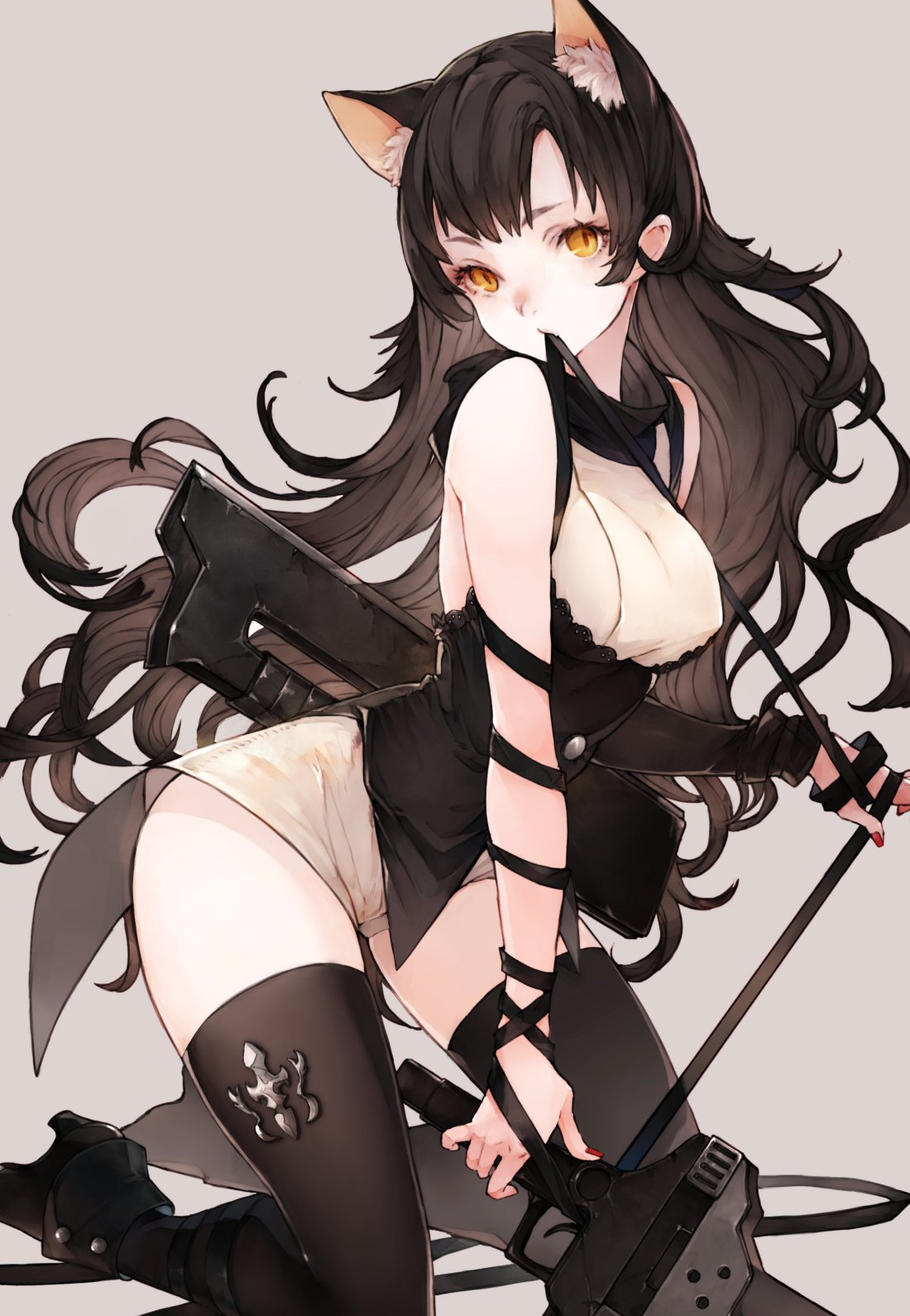 1girl animal_ears black_hair blake_belladonna boots cat_ears chobi_(sakuyasakuhana) commentary_request gambol_shroud gun highres kneeling long_hair looking_at_viewer mouth_hold rwby simple_background solo strap thigh-highs weapon yellow_eyes