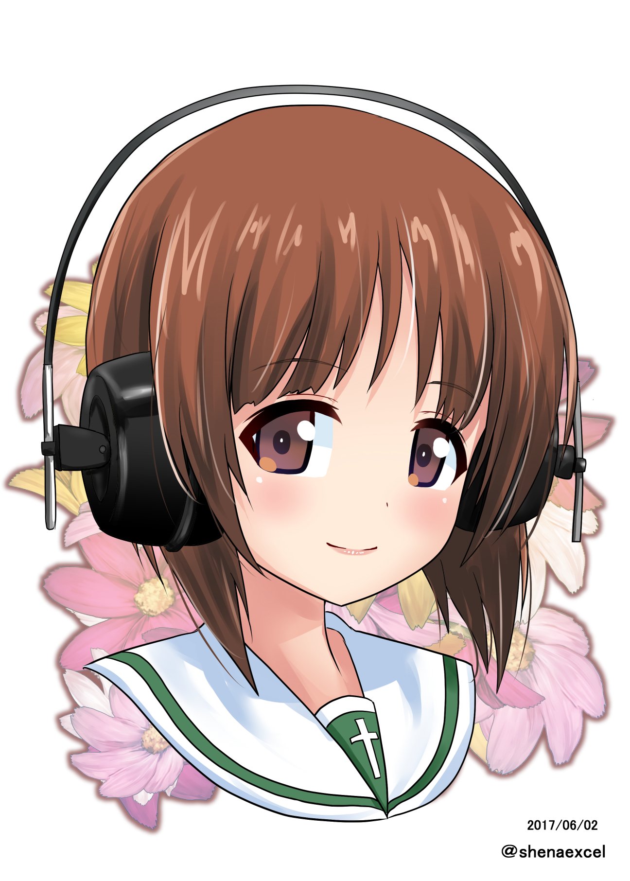 1girl bangs brown_eyes brown_hair closed_mouth commentary_request cropped_neck dated excel_(shena) eyebrows_visible_through_hair floral_background flower_request girls_und_panzer headphones highres long_hair looking_at_viewer nishizumi_miho ooarai_school_uniform portrait school_uniform serafuku short_hair smile solo twitter_username white_background