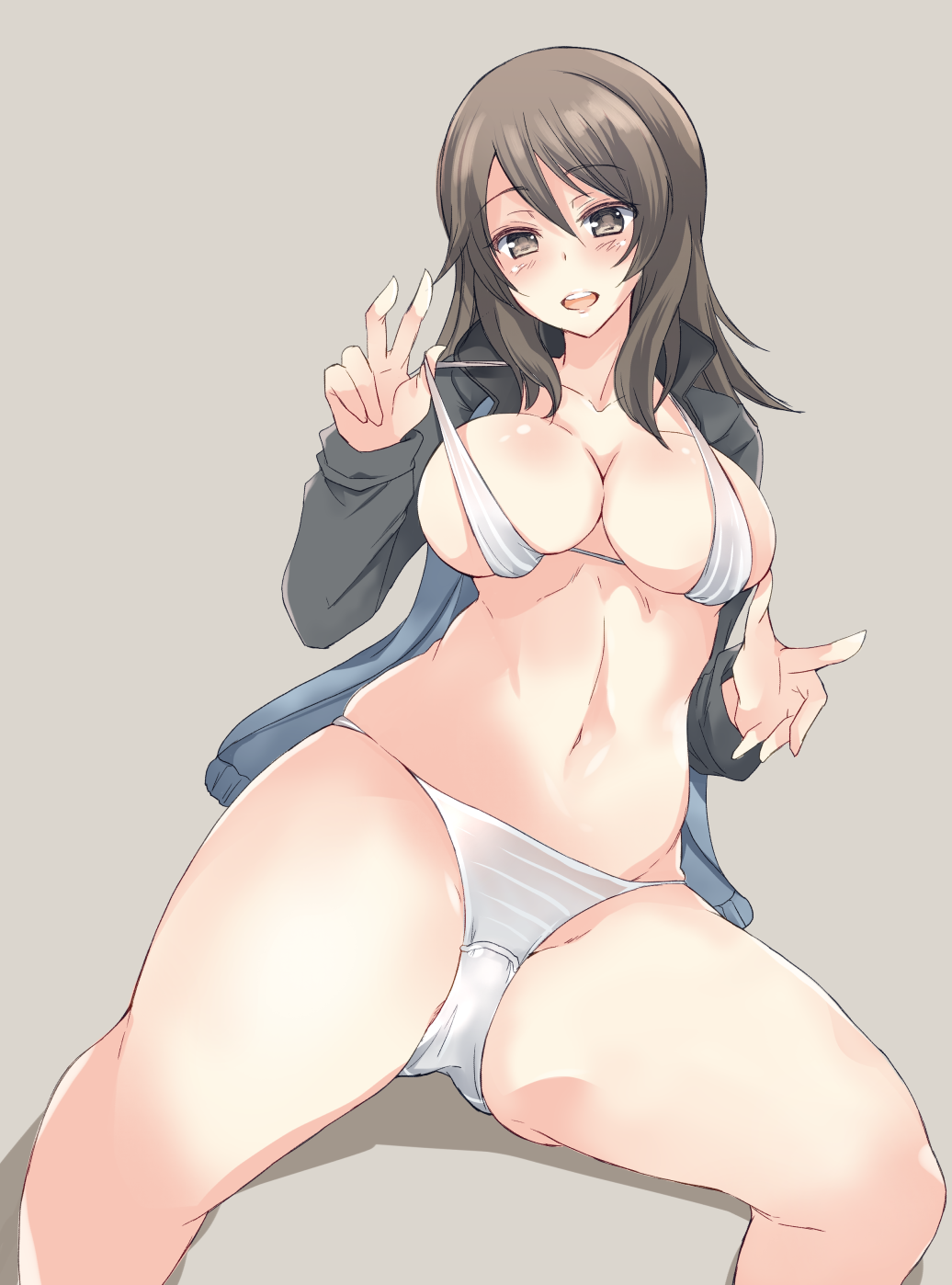 abenattou adjusting_clothes adjusting_swimsuit bikini blue_jacket breasts brown_eyes brown_hair commentary eyebrows_visible_through_hair girls_und_panzer grey_background highres jacket keizoku_military_uniform large_breasts leaning_to_the_side long_hair looking_at_viewer mika_(girls_und_panzer) military military_uniform navel no_hat no_headwear no_pants open_clothes open_jacket open_mouth sitting skindentation smile string_bikini swimsuit thighs track_jacket uniform white_bikini