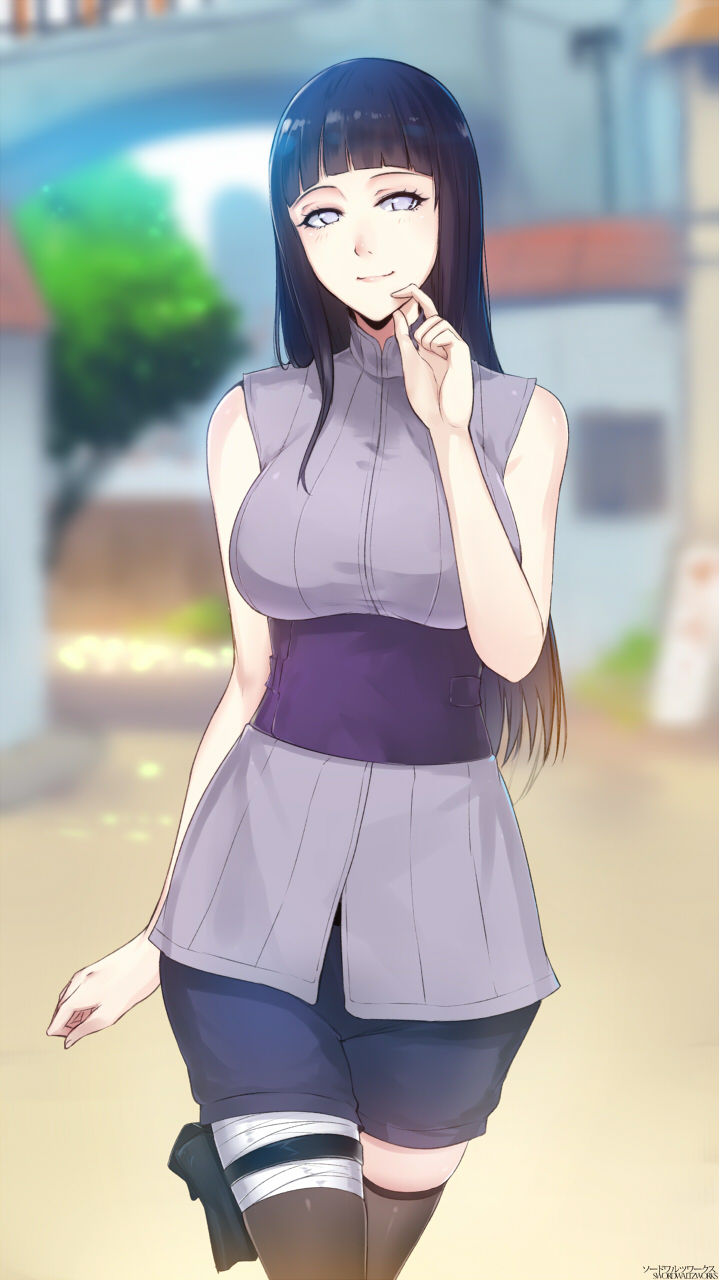 1girl bandage bandaged_leg bangs bare_shoulders black_hair blouse blue_shorts blunt_bangs breasts corset highres hyuuga_hinata large_breasts long_hair looking_to_the_side naruto shorts smile solo swordwaltz thigh-highs walking white_eyes