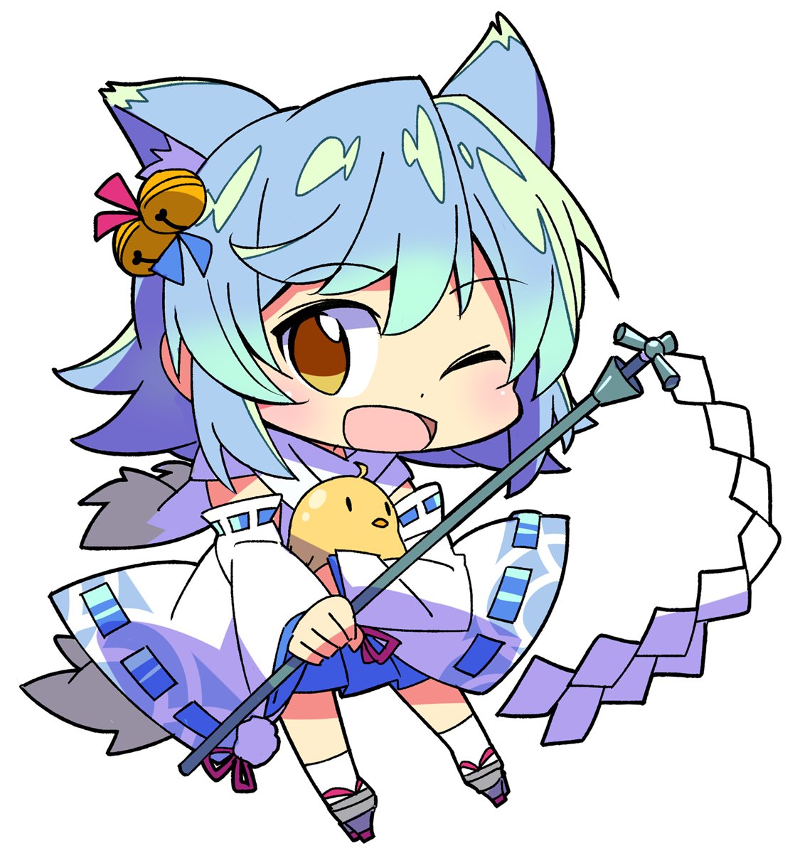 1girl :d ahoge animal_ears azur_lane bell bird blue_hair brown_eyes chibi chick commentary_request fox_ears fubuki_(azur_lane) full_body gohei hair_bell hair_ornament highres japanese_clothes jingle_bell looking_at_viewer one_eye_closed open_mouth ribbon-trimmed_sleeves ribbon_trim roku_no_hito simple_background smile standing white_background wide_sleeves