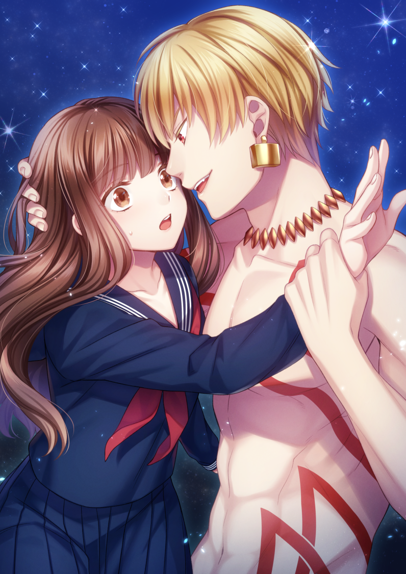 1boy 1girl :o blonde_hair blue_background blue_serafuku blue_skirt brown_eyes brown_hair chest_tattoo earrings fate/extra fate/extra_ccc fate_(series) gilgamesh hand_on_another's_head hetero jewelry kishinami_hakuno_(female) long_hair looking_at_another necklace neudot_(lunaxfiore) open_mouth red_eyes school_uniform serafuku shirtless skirt smile sparkle tattoo upper_body wrist_grab