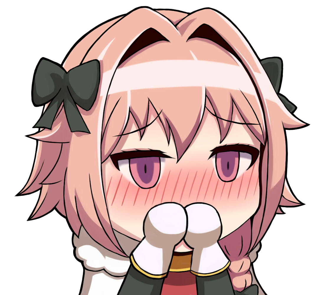 1boy astolfo_(fate) black_bow blush bow braid cape chibi chinese covering_mouth dyxm fate_(series) fur-trimmed_cape fur_trim gloves hair_bow hair_intakes long_hair male_focus no_nose pink_eyes pink_hair single_braid solo trap white_background white_gloves