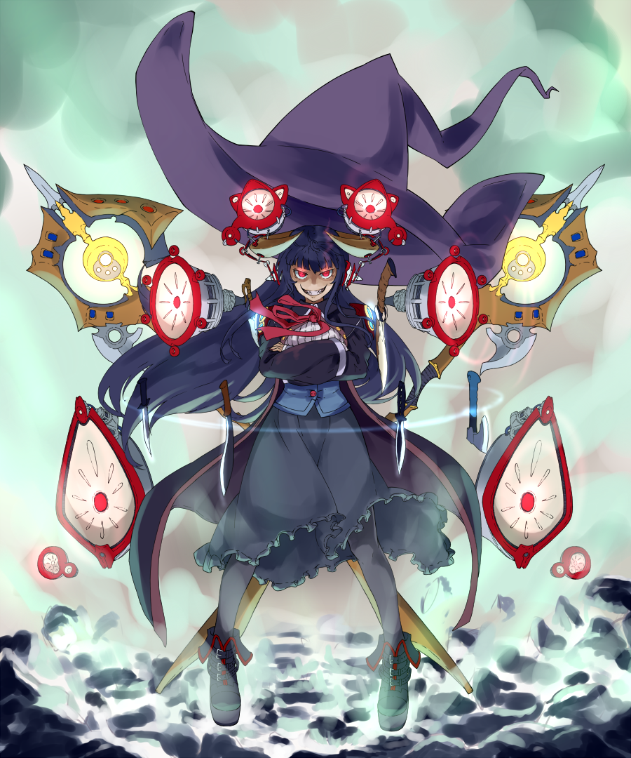 1girl black_dress black_footwear black_hair crossed_arms dress floating_hair glowing glowing_eyes grey_legwear grin hat headphones horned_girl_(jaco) horns jaco large_hat long_hair long_sleeves looking_at_viewer original pantyhose purple_hat red_eyes shoes smile solo speaker standing witch_hat