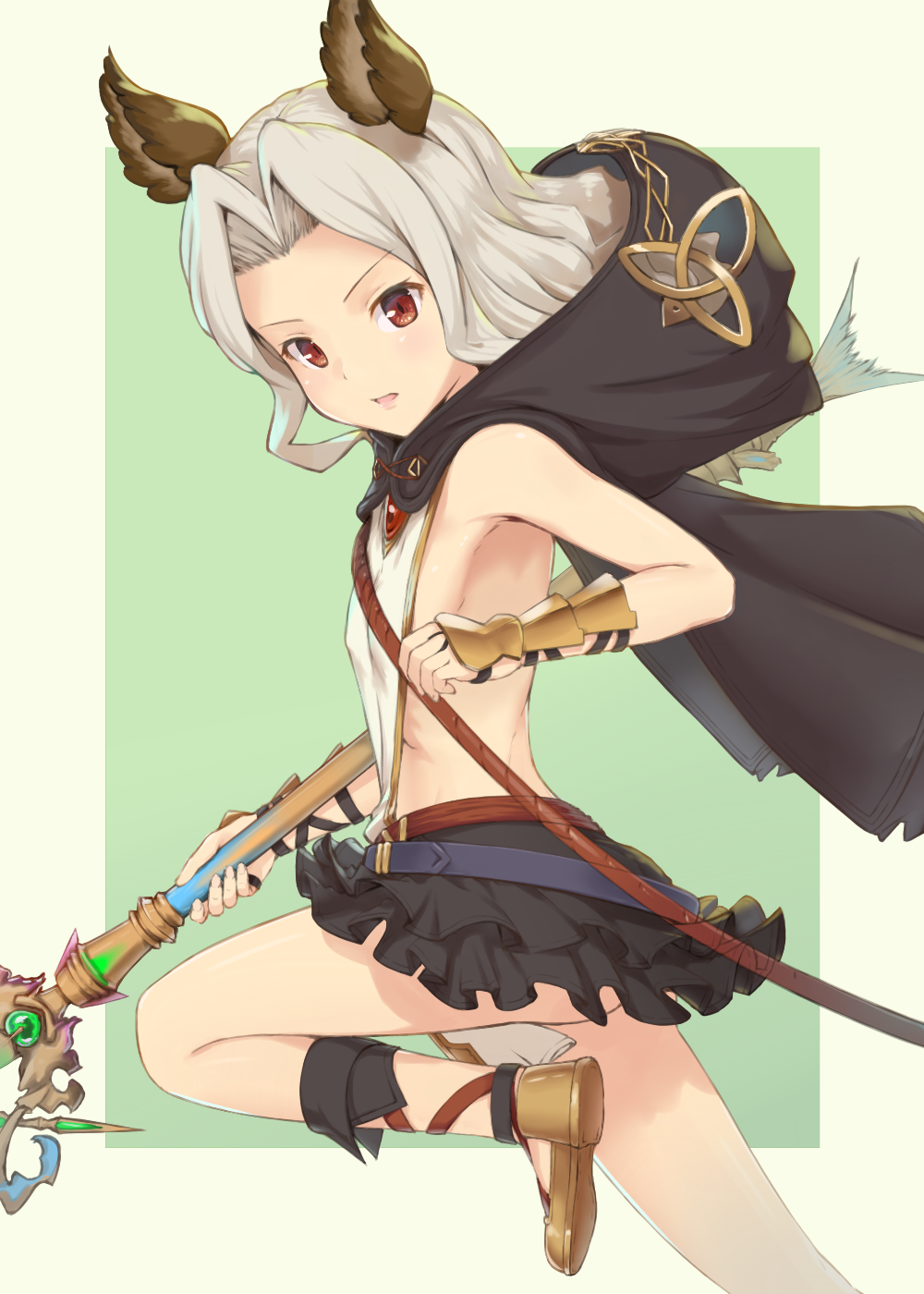 1girl animal_ears backless_outfit bangs bare_shoulders black_cape black_skirt blush breasts brown_footwear cape commentary_request granblue_fantasy hand_up highres holding holding_staff hood hood_down hooded_cape long_hair looking_at_viewer looking_to_the_side parted_bangs parted_lips pleated_skirt red_eyes sakunohi_no_moon scathacha_(granblue_fantasy) shoes silver_hair skirt small_breasts solo staff standing standing_on_one_leg