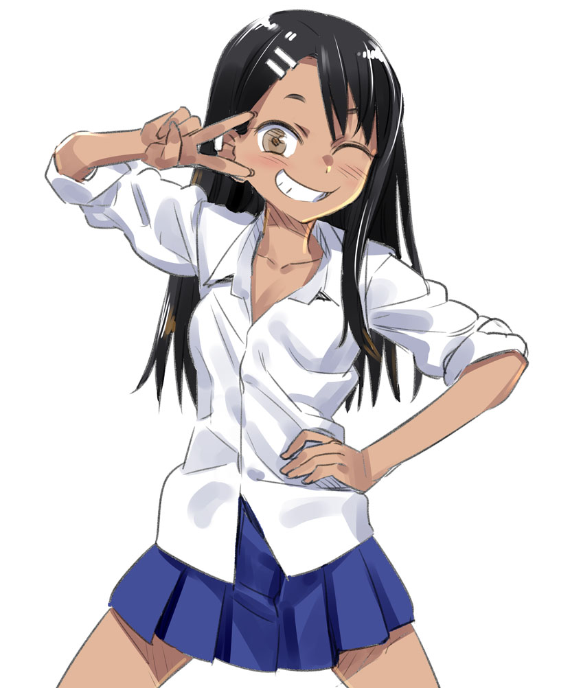 1girl 774_(nanashi) black_hair blue_skirt brown_eyes collared_shirt comic cowboy_shot dark_skin grin hair_ornament hairclip hand_on_hip hand_up ijiranaide_nagatoro-san legs_apart looking_at_viewer nagatoro one_eye_closed pleated_skirt shirt simple_background skirt sleeves_rolled_up smile solo v_over_eye white_background white_shirt wing_collar