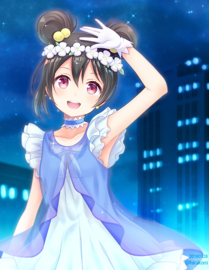 1girl :d \||/ alternate_hairstyle arm bangs black_hair blue_background blue_choker choker collarbone commentary_request dated double_bun dress earrings frills gloves hair_bobbles hair_ornament head_wreath hirako jewelry looking_at_viewer love_live! love_live!_school_idol_project neck_ribbon night open_mouth outdoors red_eyes ribbon round_teeth smile solo sparkle teeth twitter_username upper_teeth white_gloves yazawa_nico