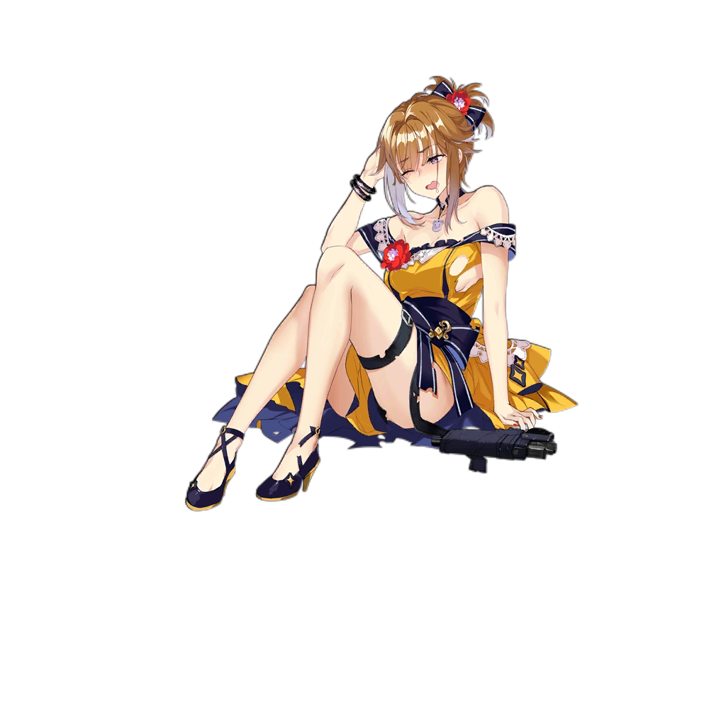 1girl alternate_hairstyle bracelet breasts brown_hair choker dress earrings formal girls_frontline grizzly_mkv_(girls_frontline) gun handgun holster jewelry looking_at_viewer off-shoulder_dress off_shoulder official_art realmbw sideboob thigh_holster torn_clothes transparent_background violet_eyes weapon