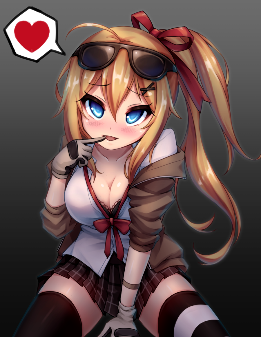 1girl blonde_hair blue_eyes blush breasts brown_hair cleavage eyewear_on_head girls_frontline gloves hair_between_eyes hair_ornament hair_ribbon kalina_(girls_frontline) large_breasts long_hair looking_at_viewer mismatched_legwear open_mouth pleated_skirt ribbon shokuane side_ponytail skirt smile solo sunglasses thigh-highs