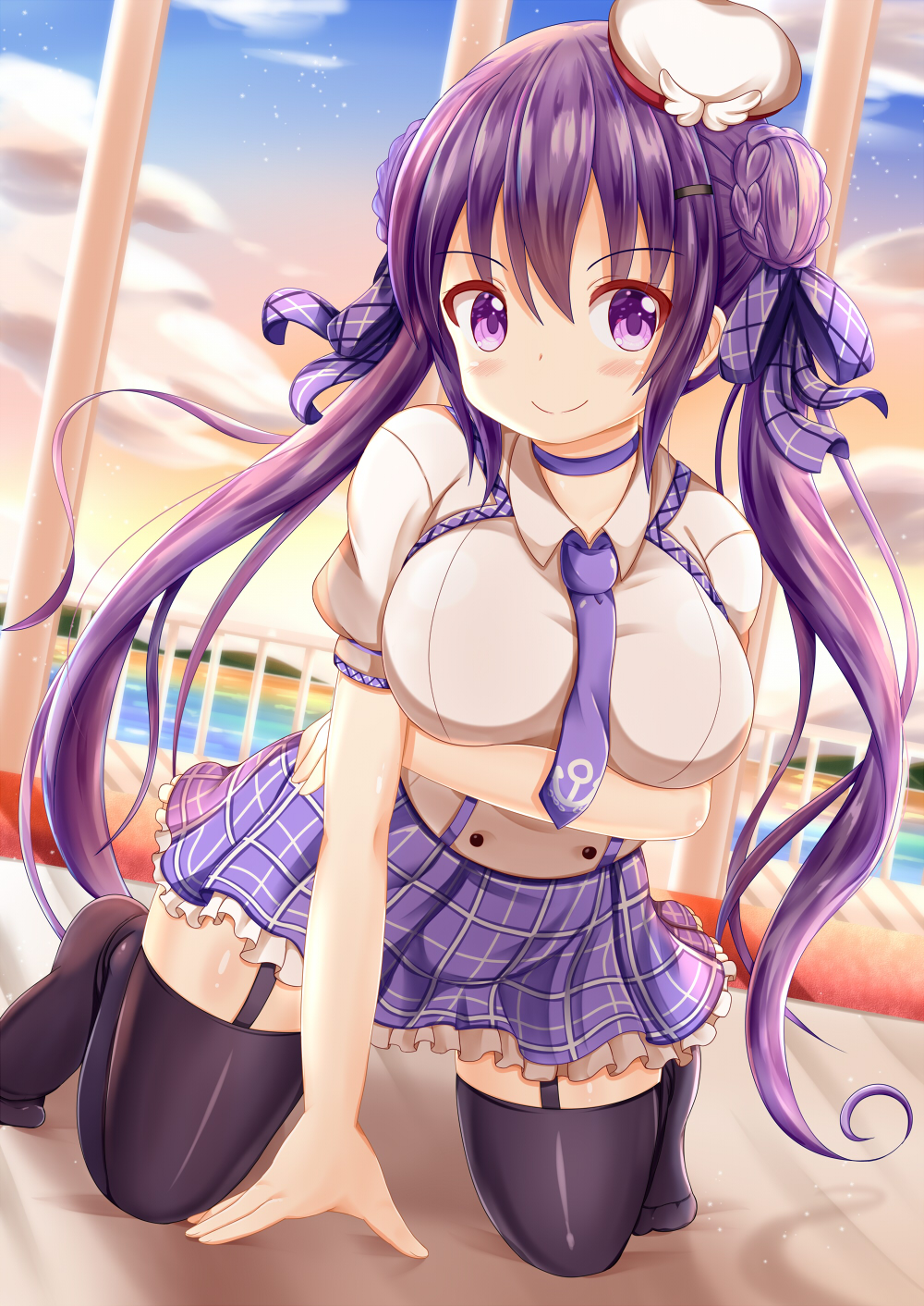 1girl anchor_symbol arm_support azur_lane bangs beret between_breasts black_legwear blue_sky blush bow braid breast_hold breasts closed_mouth clouds commentary_request cosplay cygnet_(azur_lane) cygnet_(azur_lane)_(cosplay) double_bun eyebrows_visible_through_hair garter_straps gochuumon_wa_usagi_desu_ka? gradient_sky hair_between_eyes hair_bow hair_ornament hairclip hat highres horizon kneeling large_breasts long_hair looking_at_viewer mini_hat necktie necktie_between_breasts ocean plaid plaid_bow plaid_skirt puffy_short_sleeves puffy_sleeves purple_bow purple_hair purple_neckwear purple_skirt railing shirt short_sleeves side_bun skirt sky smile solo sunset tedeza_rize thigh-highs twintails very_long_hair violet_eyes water white_hat white_shirt zenon_(for_achieve)