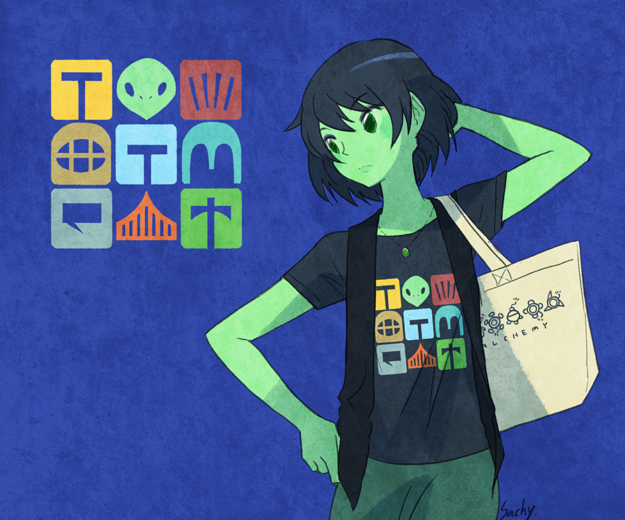 1girl artist_name bag black_hair blue_background casual contemporary expressionless flat_chest green_eyes hand_behind_head hand_on_hip handbag jewelry mona_(shovel_knight) necklace sachy_(sachichy) shirt short_hair shovel_knight signature simple_background solo t-shirt vest