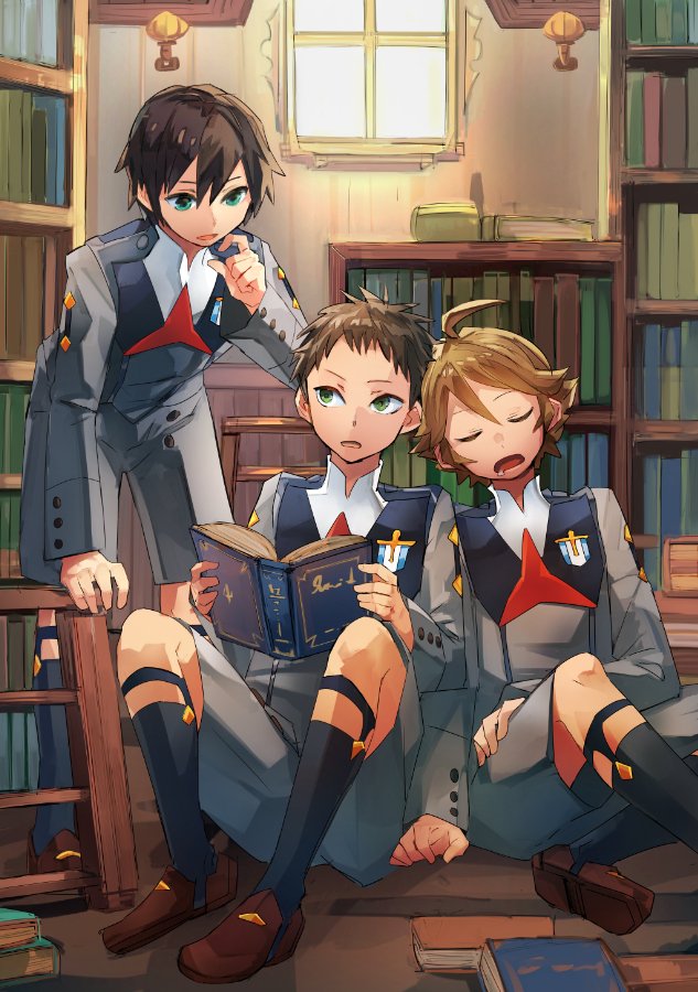 ahoge black_hair blue_eyes book brown_footwear brown_hair commentary_request darling_in_the_franxx drooling geetgeet green_eyes hiro_(darling_in_the_franxx) holding holding_book light_brown_hair long_sleeves looking_at_another military military_uniform mitsuru_(darling_in_the_franxx) necktie open_book open_mouth red_neckwear saliva shoes sleeping socks uniform zorome_(darling_in_the_franxx)