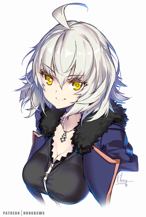 1girl ahoge bangs black_shirt blue_coat breasts cleavage closed_mouth coat commentary_request fate/grand_order fate_(series) fur_trim grey_hair hong_(white_spider) jeanne_d'arc_(alter)_(fate) jeanne_d'arc_(fate)_(all) jewelry large_breasts looking_at_viewer necklace shirt short_hair signature simple_background smile solo upper_body white_background