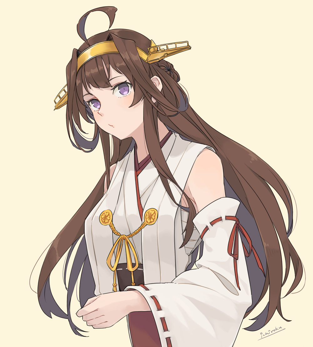 1girl ahoge artist_name bare_shoulders blush breasts brown_hair commentary_request detached_sleeves double_bun eyebrows_visible_through_hair hairband headgear japanese_clothes kantai_collection kongou_(kantai_collection) long_hair nontraditional_miko remodel_(kantai_collection) ribbon-trimmed_sleeves ribbon_trim simple_background solo ueno_(sakumogu-029) violet_eyes
