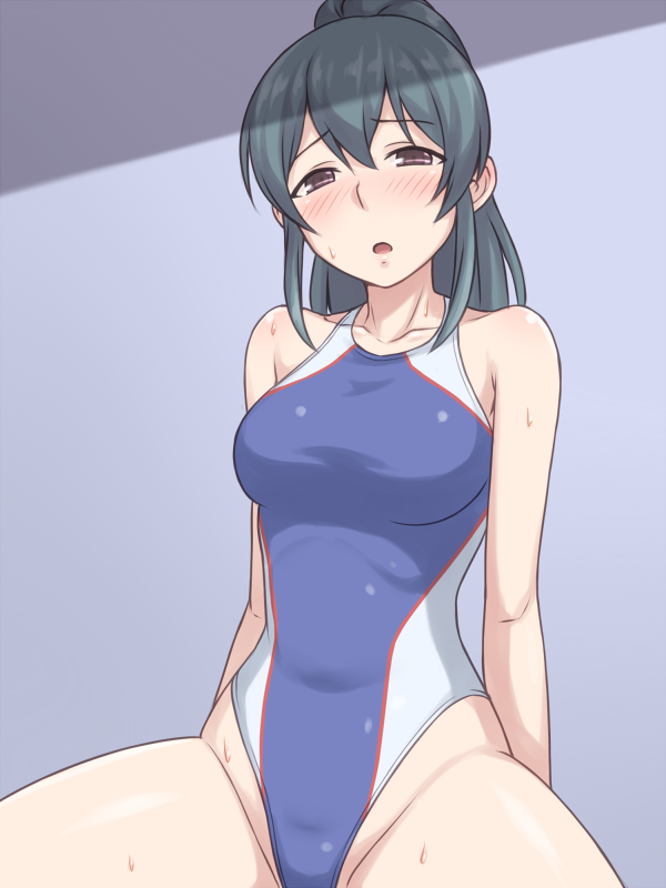 1girl blue_swimsuit character_request competition_swimsuit cowboy_shot green_hair grey_background highleg highleg_swimsuit idolmaster idolmaster_cinderella_girls long_hair looking_at_viewer one-piece_swimsuit ooishi_izumi pataniito ponytail red_eyes solo swimsuit