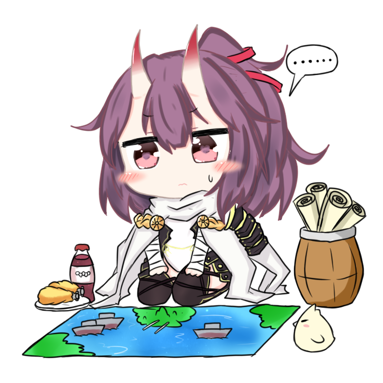 ... 1girl azur_lane bailingxiao_jiu bandage bandaged_arm bangs barrel black_legwear blush_stickers cape chibi closed_mouth eyebrows_visible_through_hair food glass_bottle hair_between_eyes hair_ribbon horns izumo_(azur_lane) leotard looking_at_viewer map oni_horns ponytail purple_hair red_ribbon ribbon seiza sitting soda_bottle solo spoken_ellipsis sweat tempura thigh-highs violet_eyes wavy_mouth white_background white_cape white_leotard