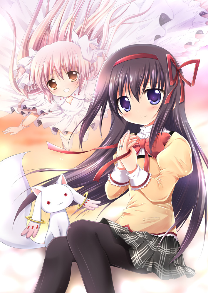 2girls akemi_homura black_hair black_legwear black_skirt blue_eyes blush bow dress goddess_madoka hair_bow hair_ribbon holding holding_ribbon jewelry kaname_madoka kyubey long_dress long_hair long_sleeves looking_at_viewer mahou_shoujo_madoka_magica mitakihara_school_uniform multiple_girls nanase_miori pantyhose pink_hair plaid plaid_skirt pleated_skirt puffy_sleeves red_ribbon ribbon ring school_uniform sitting skirt smile spoilers two_side_up white_bow yellow_eyes