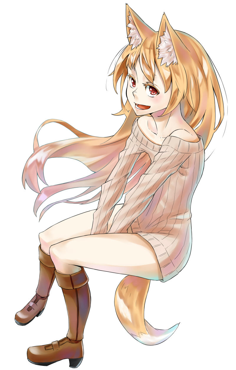1girl :d animal_ears bare_shoulders between_legs blonde_hair brown_footwear commentary_request fox_ears fox_tail hand_between_legs highres invisible_chair jaco long_sleeves looking_at_viewer official_art open_mouth original red_eyes ribbed_sweater shoes sitting slit_pupils smile solo sweater tail