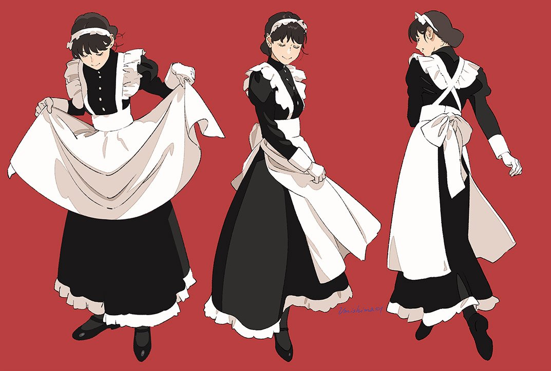 1girl apron apron_lift black_dress black_footwear closed_eyes dress facing_viewer grey_legwear hair_bun juliet_sleeves long_dress long_sleeves maid_apron maid_headdress multiple_views original pantyhose puffy_sleeves red_background shoes signature simple_background smile standing umishima_senbon white_apron