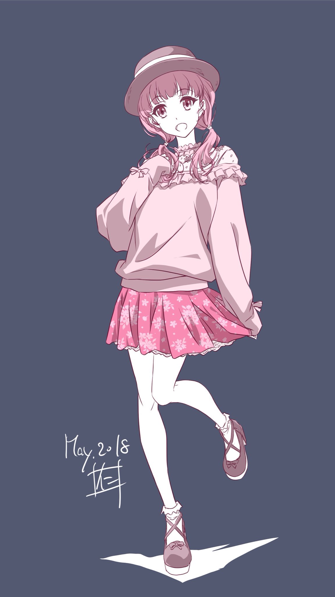 1girl 2018 brown_hat dated eyebrows_visible_through_hair full_body grey_background hat highres long_hair miniskirt nii_manabu one_leg_raised open_mouth original pink_eyes pink_hair pink_skirt pleated_skirt signature simple_background skirt socks solo standing standing_on_one_leg twintails white_legwear