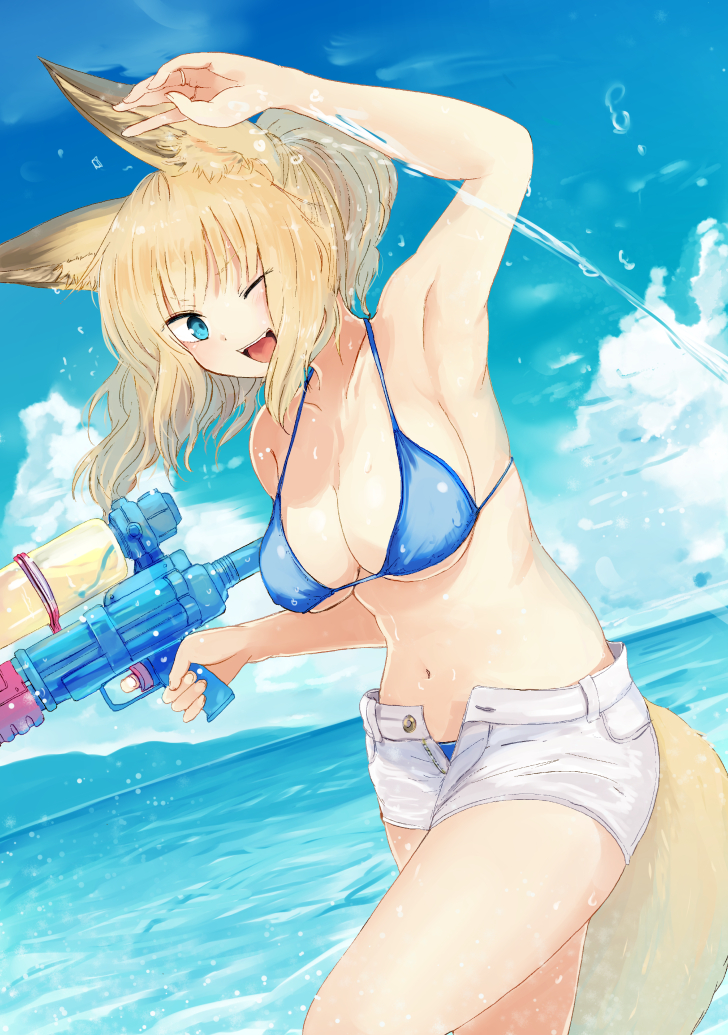 1girl :d animal_ears armpits batta_(kanzume_quality) bikini blonde_hair blue_bikini blue_eyes blue_sky breasts clouds commentary_request dutch_angle finger_on_trigger fox_ears fox_tail hand_up horizon large_breasts looking_at_viewer navel ocean one_eye_closed open_mouth original outdoors short_shorts shorts sky smile solo swimsuit tail water_gun wet white_shorts