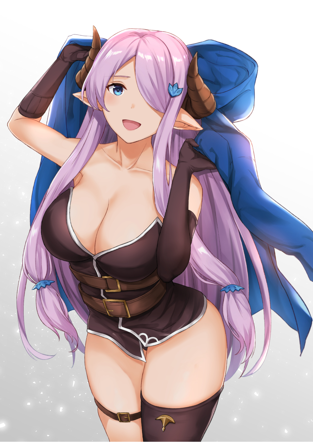 1girl asymmetrical_gloves asymmetrical_legwear bangs bare_shoulders belt black_dress black_gloves black_legwear blue_eyes blush braid breasts cleavage collarbone draph dress elbow_gloves gloves gradient gradient_background granblue_fantasy hair_ornament hair_over_one_eye hairclip highres hips horns large_breasts lavender_hair long_hair looking_at_viewer narmaya_(granblue_fantasy) open_mouth pointy_ears short_dress sidelocks simple_background single_braid smile solo terry_(pixiv3274443) thigh_strap thighs waist white_background