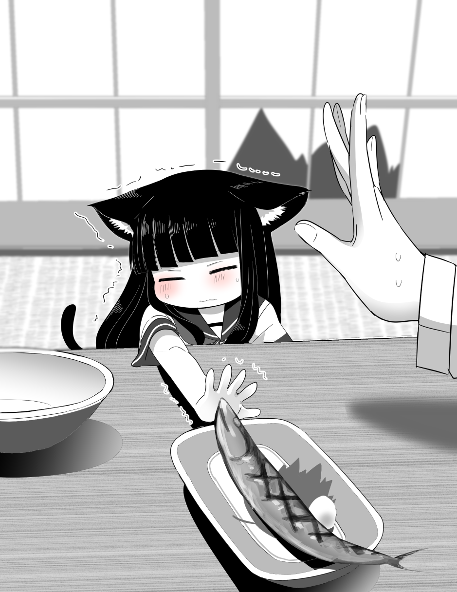 animal_ears bangs black_hair blunt_bangs cat_ears cat_girl cat_tail fish food hatsuyuki_(kantai_collection) highres hime_cut kantai_collection koharuko_(khrkhrk) long_hair monochrome neckerchief plate school_uniform serafuku short_sleeves sliding_doors sweatdrop table tail trembling