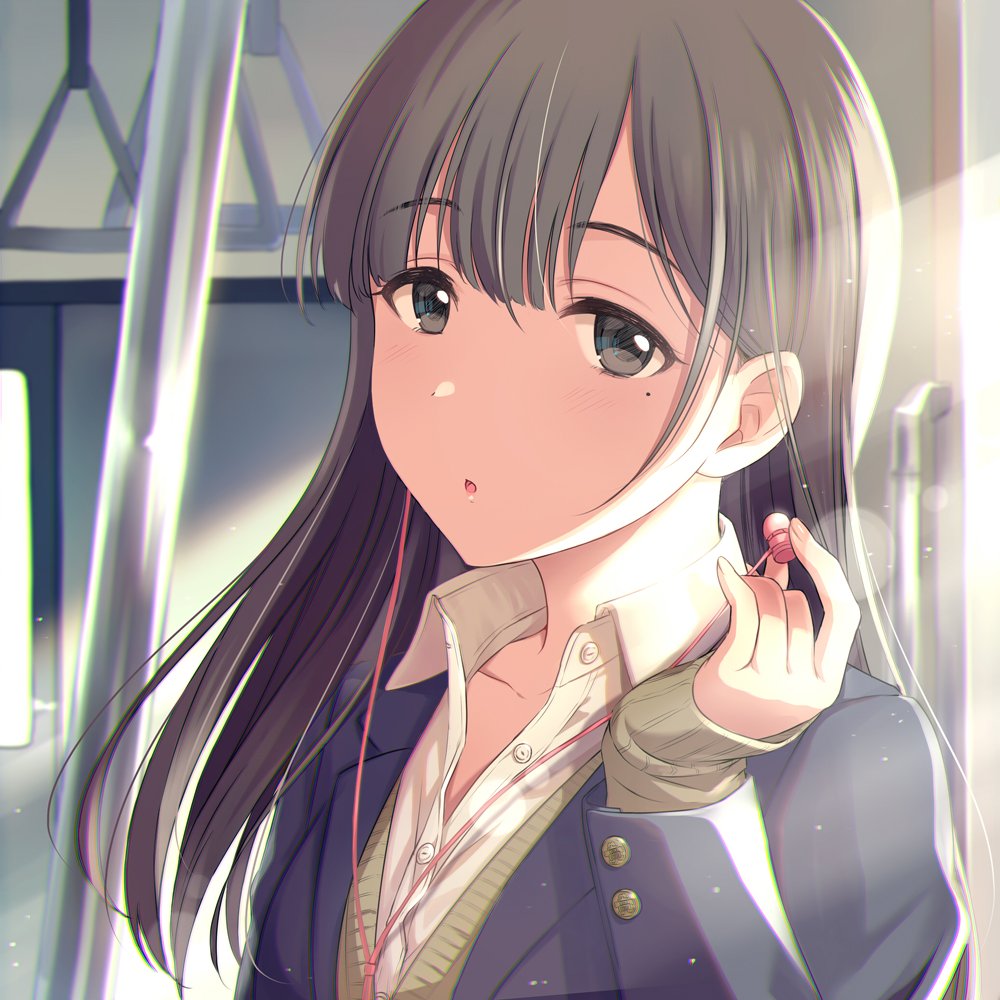 1girl blue_jacket brown_eyes brown_hair cardigan collared_shirt commentary_request copyright_request earphones earphones hand_up holding jacket light_blush long_hair long_sleeves looking_at_viewer mole mole_under_eye parted_lips shirt sleeves_past_wrists solo tsukana_(saba_mizore) upper_body white_shirt wing_collar
