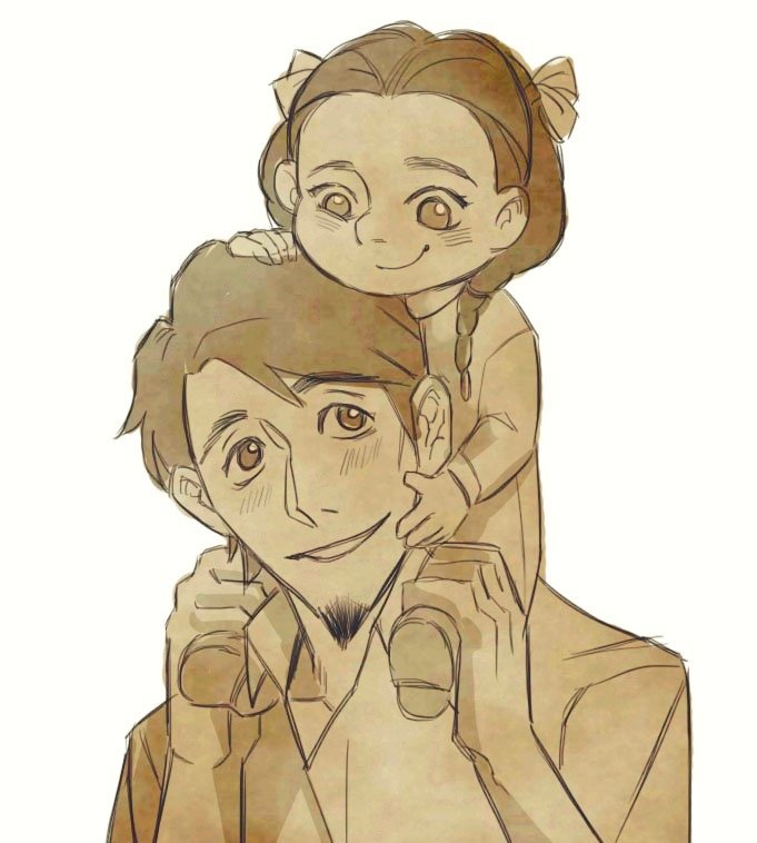 1boy 1girl black_hair braid child closed_eyes coco_(disney) dark_skin disney dress facial_hair father_and_daughter goatee hector_rivera hector_rivera_(alive) mama_coco short_hair smile spoilers twin_braids younger