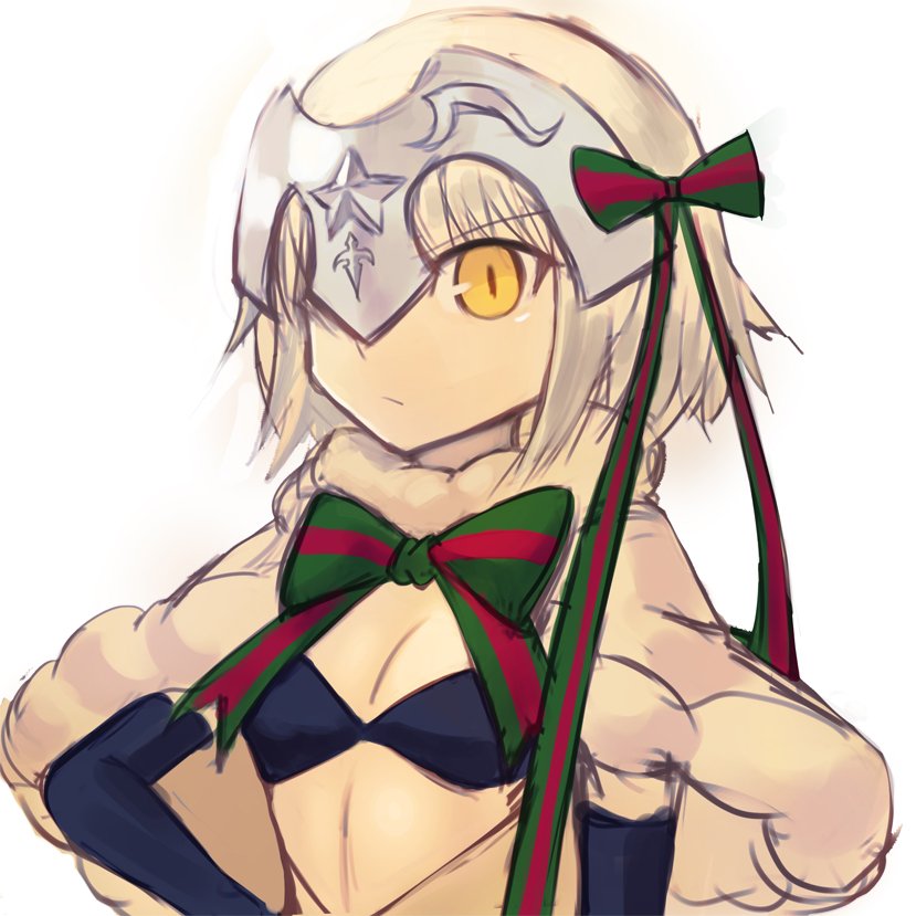 1girl black_gloves blonde_hair bow elbow_gloves fate_(series) gloves green_bow green_neckwear hand_on_hip headgear horizontal_stripes jeanne_d'arc_(fate) jeanne_d'arc_(fate)_(all) looking_at_viewer multicolored_neckwear red_bow red_neckwear short_hair simple_background solo sookmo striped white_background yellow_eyes