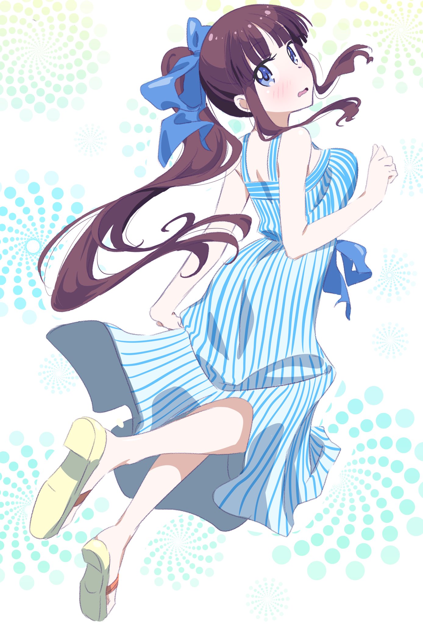 1girl blue_bow blue_eyes bow brown_hair dress floating_hair full_body hair_bow highres long_hair looking_at_viewer looking_back new_game! open_mouth pink_x ponytail simple_background sleeveless sleeveless_dress solo striped sundress tooyama_rin vertical-striped_dress vertical_stripes very_long_hair white_background